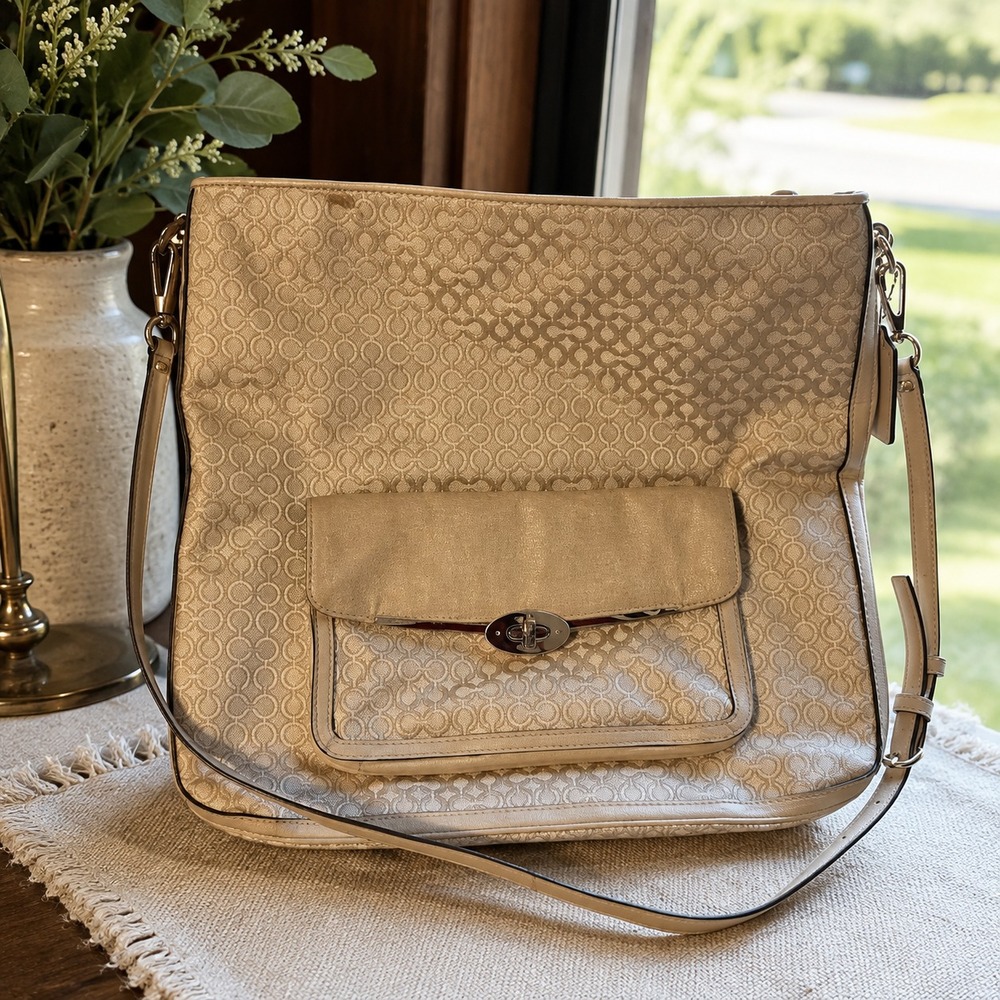 Coach Signature Beige Tan Crossbody Shoulder Bag Front Pocket Adjustable Strap